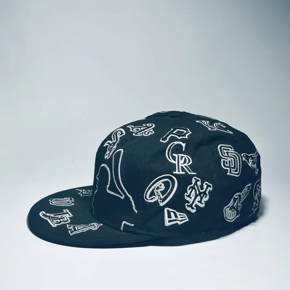 New Era 59FIFTY MLB All Over Team Logos Black Fitted Hat Size 7 1/4 58cm Cap